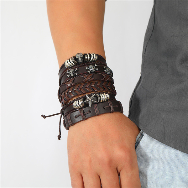 Punk-Skull-Leather-Bracelet-Set---Gothic-Jewelry-Wholesale