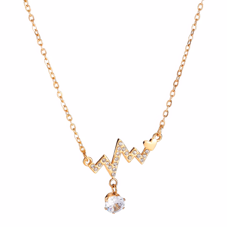 Gold Heartbeat EKG Necklace with Crystal Pendant