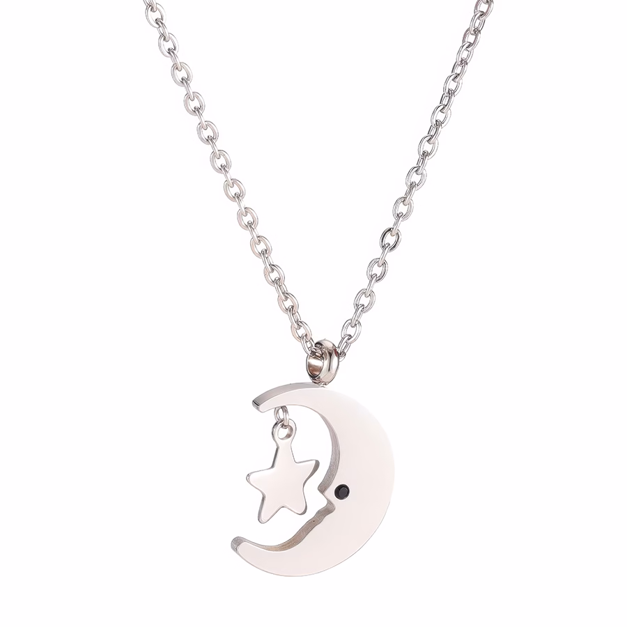 Silver Crescent Moon and Star Charm Necklace