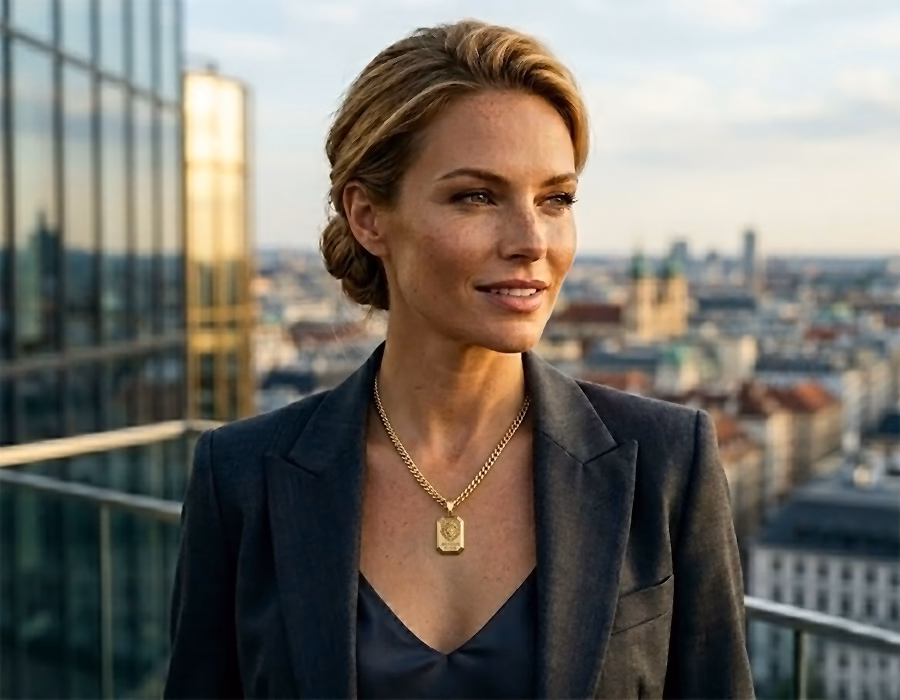 A sophisticated Caucasian female model wearing a custom 18K gold-plated 316L stainless steel pendant necklace, featuring deep CNC engraved lion logo by Jinyuan Jewelry.