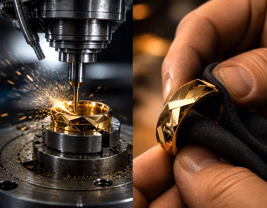 A comparison showing the precision of CNC milling and the craftsmanship of hand-polishing for a black mirror finish.