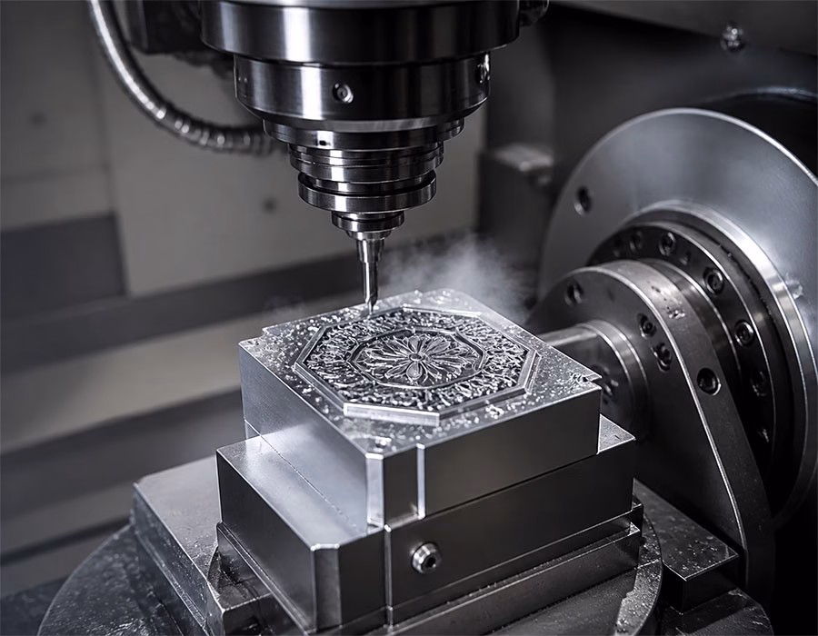 High-precision 5-axis CNC machining carving an architectural luxury ring from a solid metal billet.