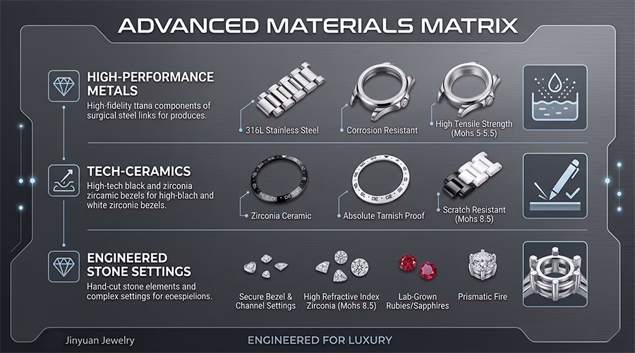Advanced jewelry materials matrix infographic Technical breakdown of contemporary jewelry materials featuring premium surgical steel links and high-tech black zirconia ceramic bezels.