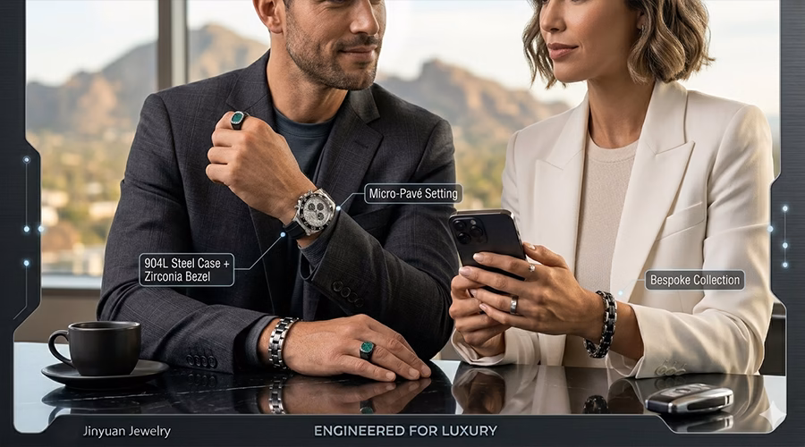 Contemporary stainless steel lifestyle jewellery for men and women Lifestyle photo of a modern professional wearing a minimalist tarnish-proof stainless steel cuff bracelet and a gemstone signet ring.