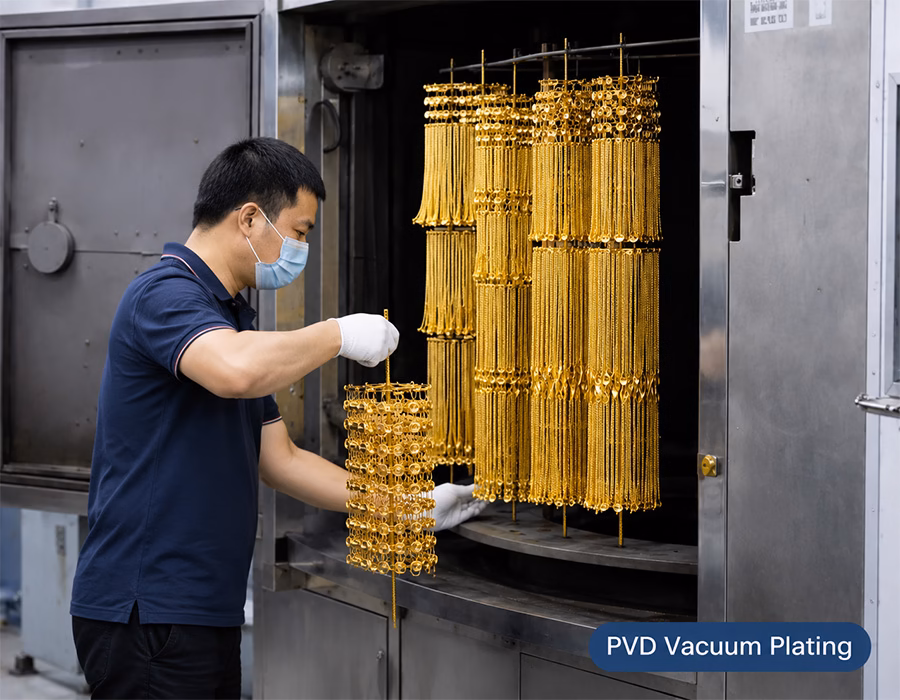 In our precision PVD vacuum ion plating workshop, real gold molecules are firmly bonded to the steel substrate at the atomic level In our precision PVD vacuum ion plating workshop, real gold molecules are firmly bonded to the steel substrate at the atomic level.