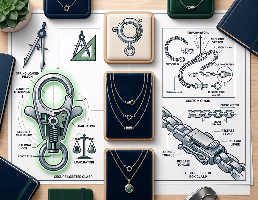 Jewelry Technical Design Blueprint Clasps, Necklaces, and Chain Diagram