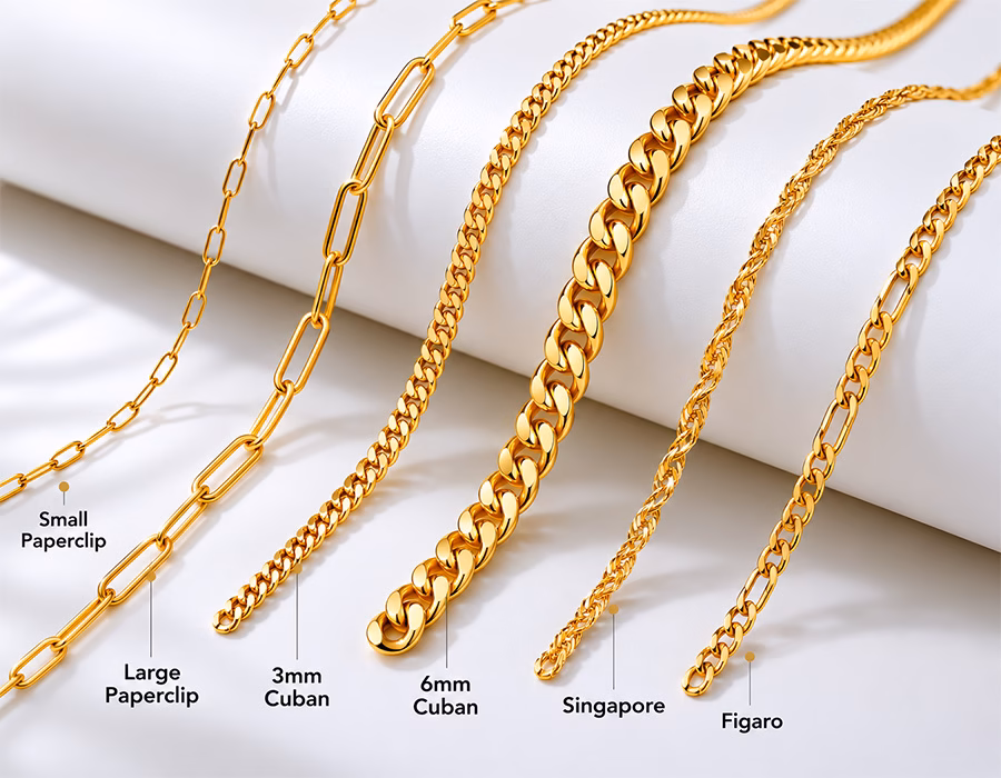 Using advanced 18K PVD vacuum ion plating, stainless steel chains of various designs are given a luxurious, substantial gold finish.