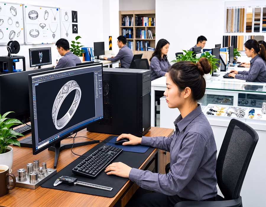 An engineer is using computer software to view 3D CAD drawings of jewelry - Jinyuan jewelry